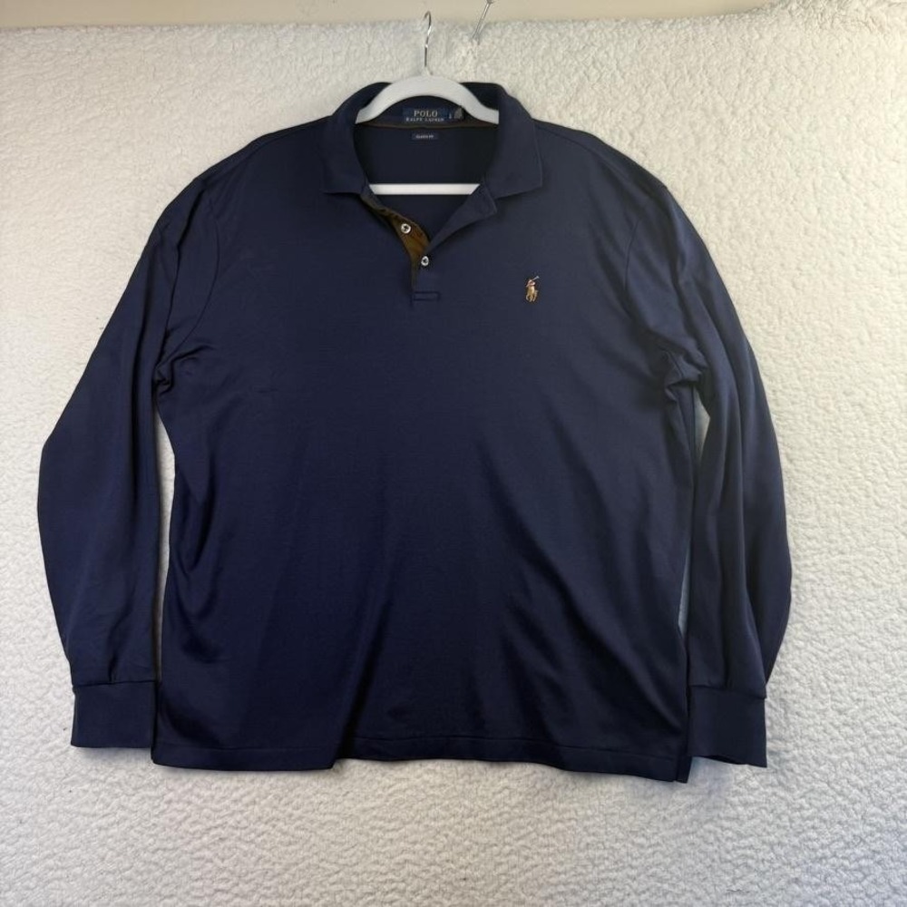 Polo Ralph Lauren Polo Shirt Mens‎ Large Blue Long Sleeve Classic Fit Suede Trim